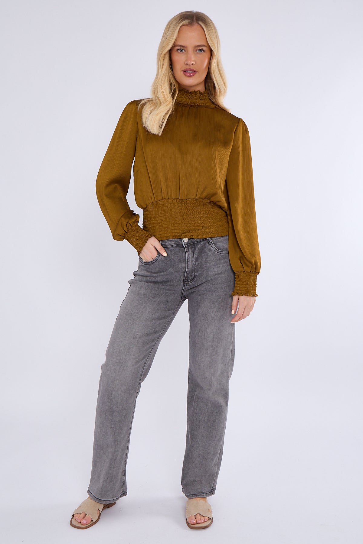 Mustard Creased Satin Shirred Waist Cropped Top