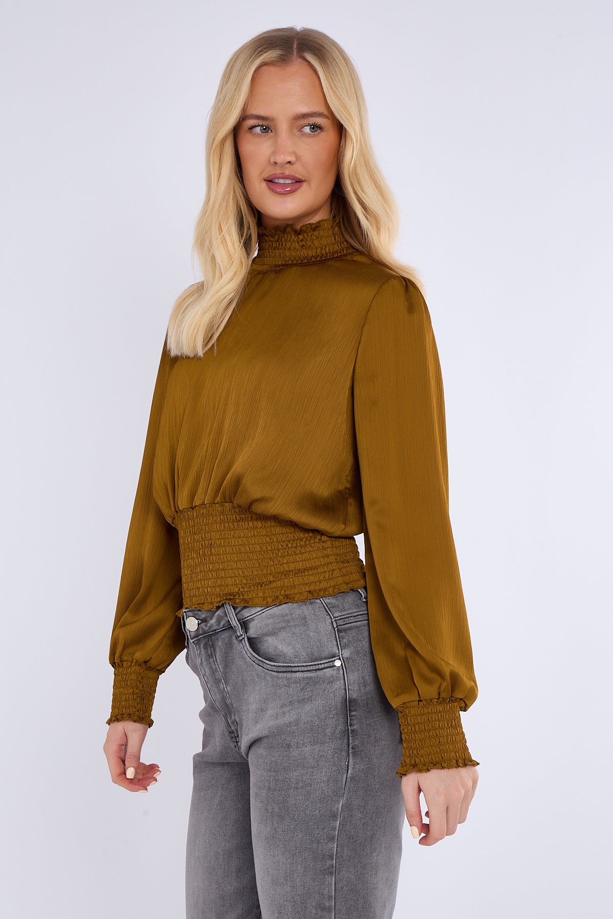 Mustard Creased Satin Shirred Waist Cropped Top