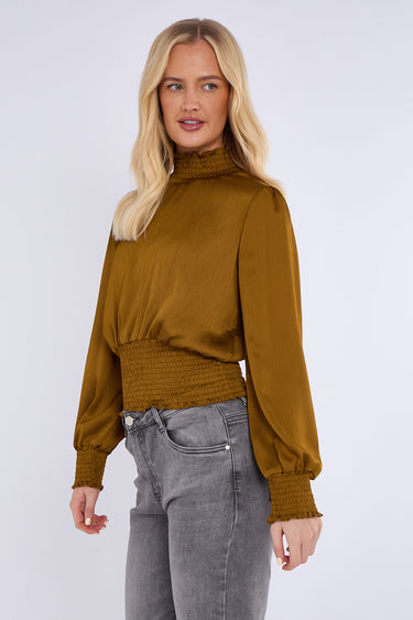 Mustard Creased Satin Shirred Waist Cropped Top