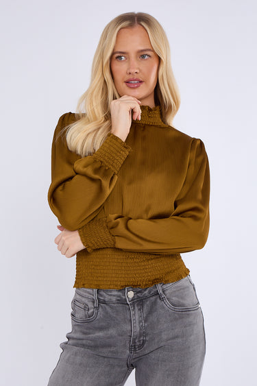 Mustard Creased Satin Shirred Waist Cropped Top