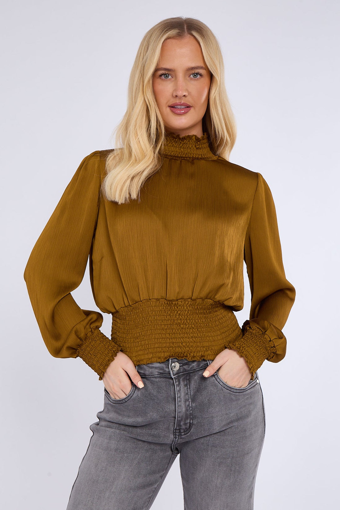 Mustard Creased Satin Shirred Waist Cropped Top