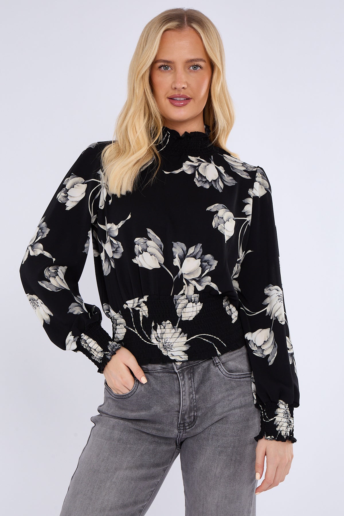 Black Floral Print Shirred Waist Cropped Top