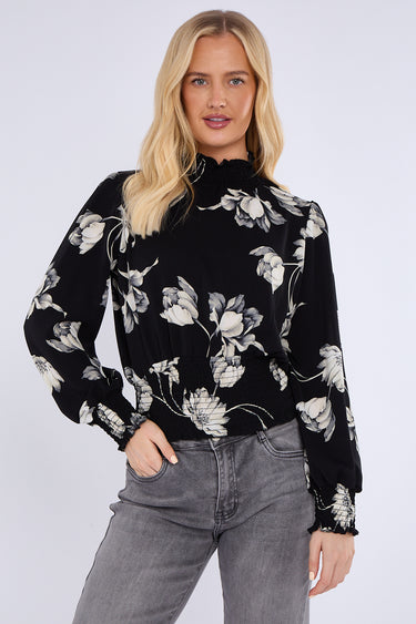 Black Floral Print Shirred Waist Cropped Top