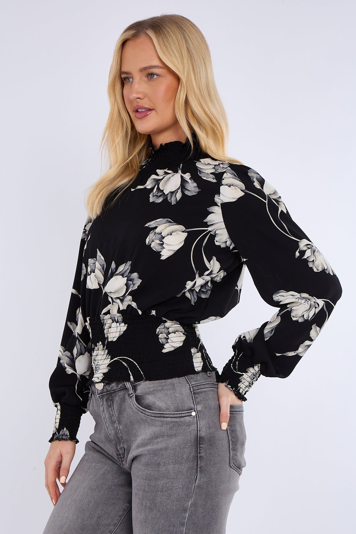 Black Floral Print Shirred Waist Cropped Top