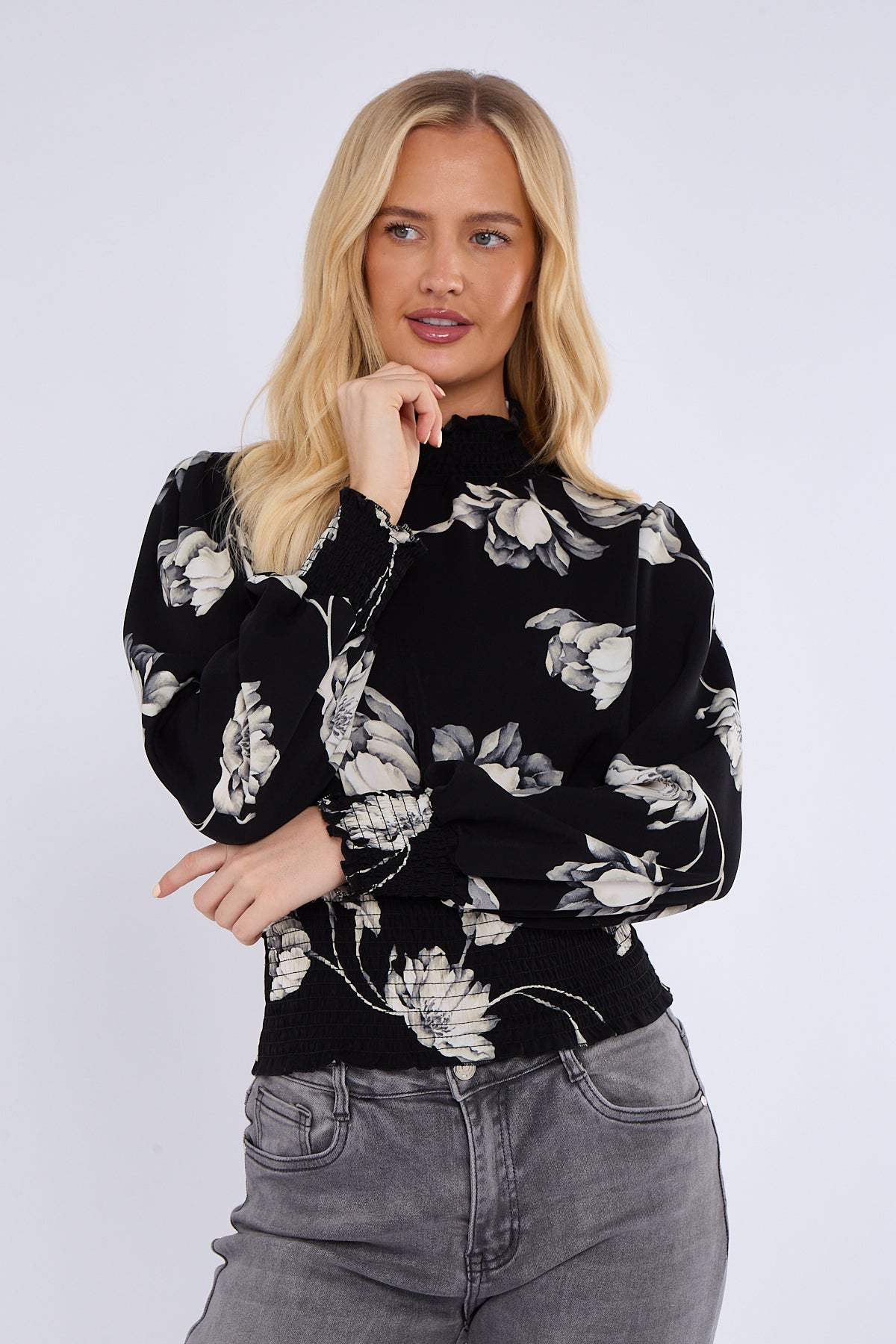 Black Floral Print Shirred Waist Cropped Top