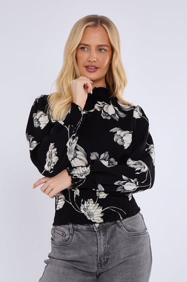 Black Floral Print Shirred Waist Cropped Top