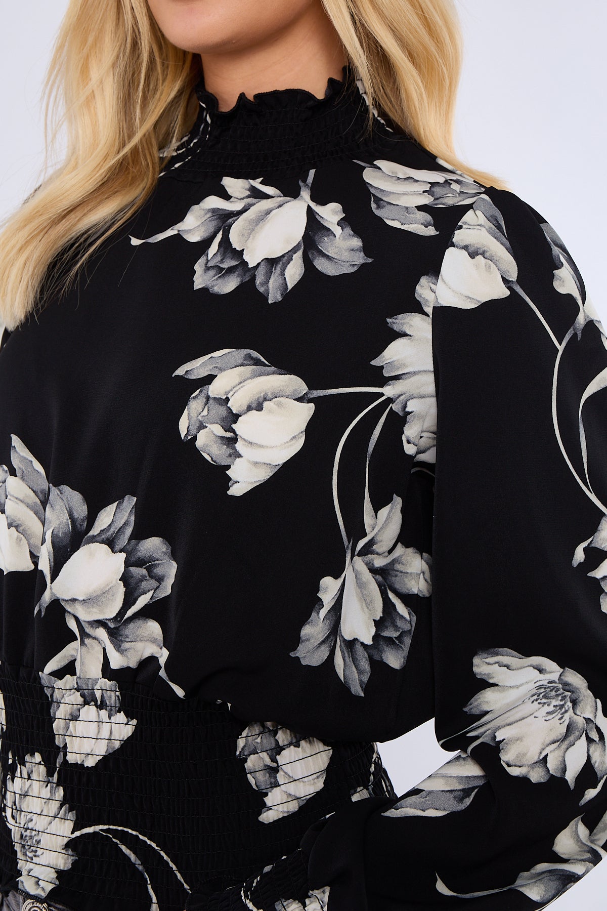 Black Floral Print Shirred Waist Cropped Top