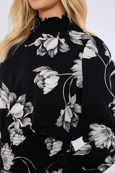 Black Floral Print Shirred Waist Cropped Top