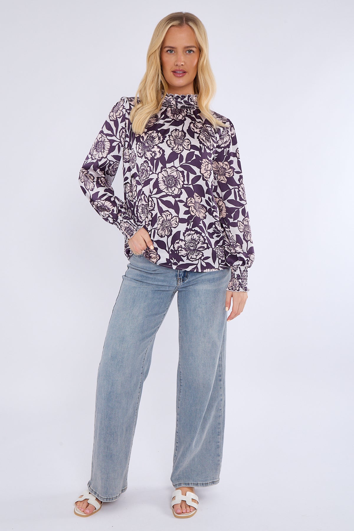 Plum Floral Print Shirred Neck Satin Top