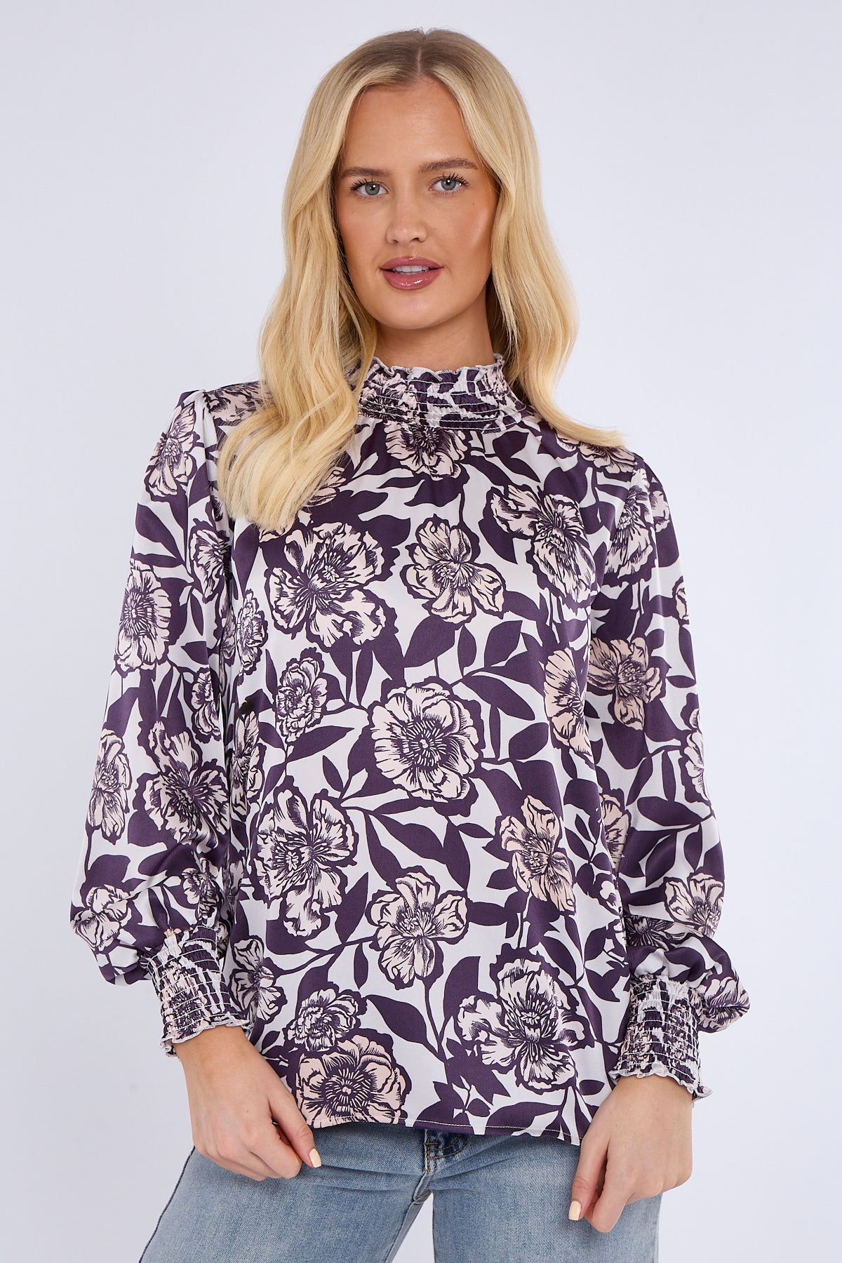 Plum Floral Print Shirred Neck Satin Top