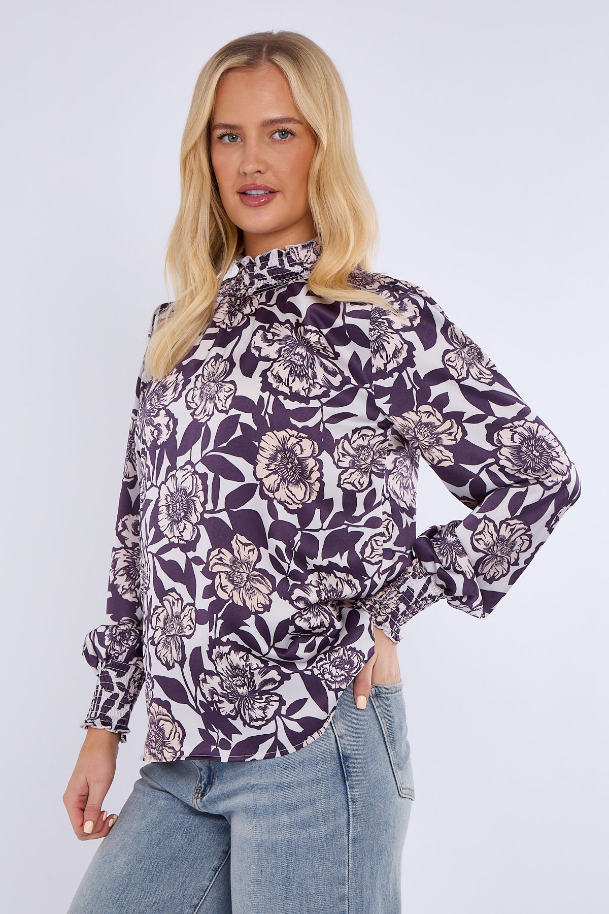 Plum Floral Print Shirred Neck Satin Top