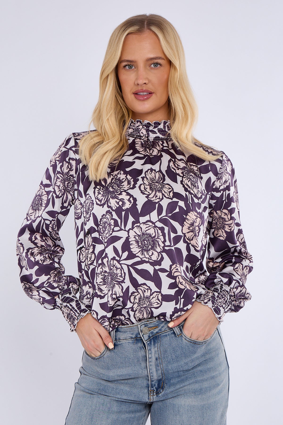 Plum Floral Print Shirred Neck Satin Top