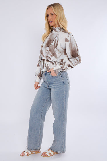 Grey Abstract Print Shirred Waist Cropped Top