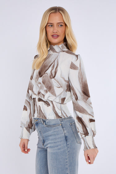 Grey Abstract Print Shirred Waist Cropped Top