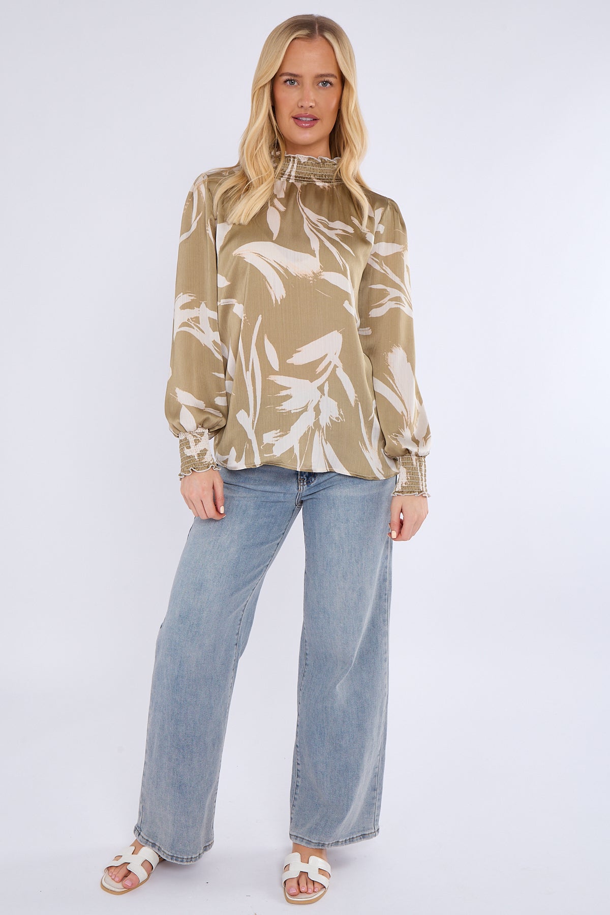 Olive Abstract Brushstroke Shirred Cuff Blouse