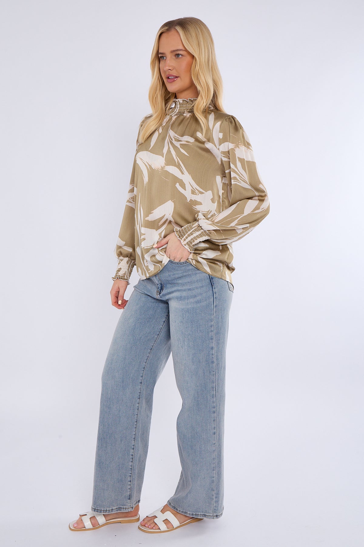 Olive Abstract Brushstroke Shirred Cuff Blouse
