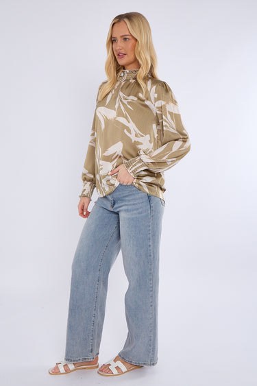 Olive Abstract Brushstroke Shirred Cuff Blouse