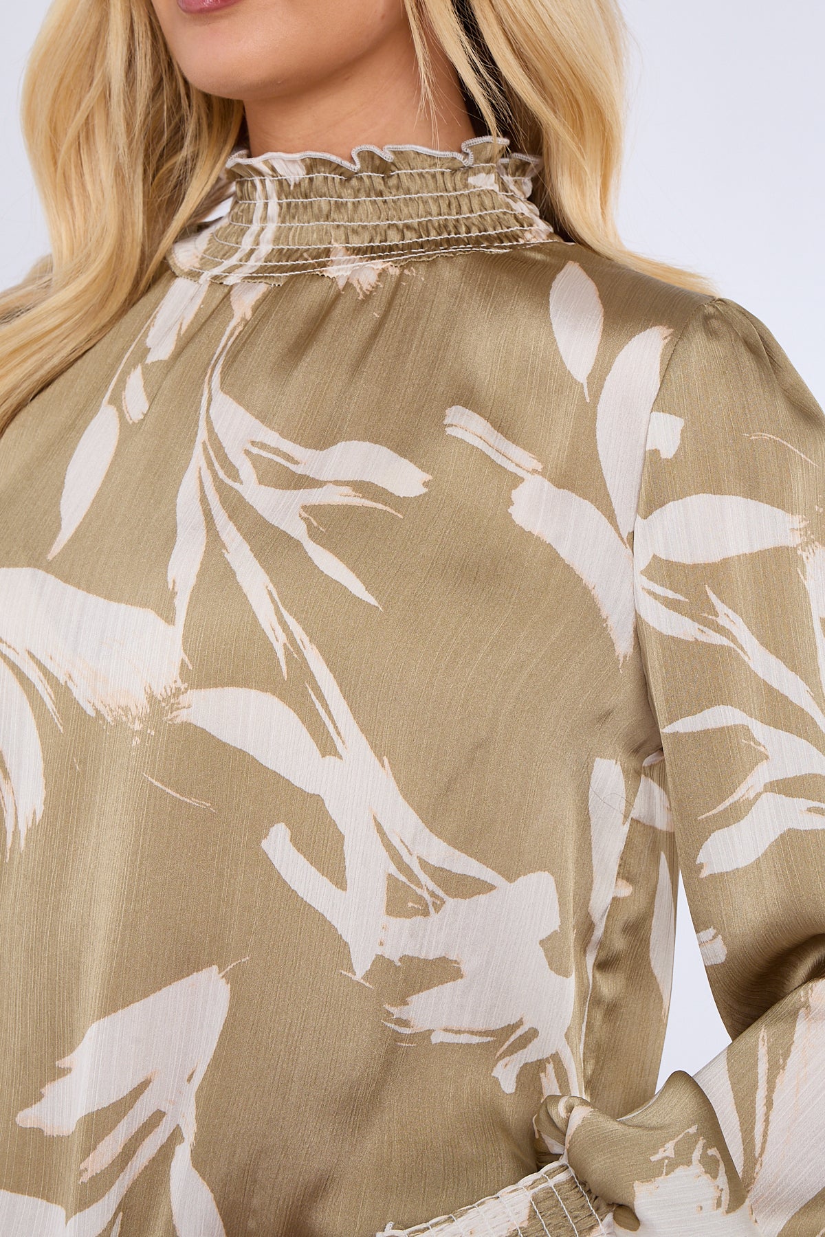 Olive Abstract Brushstroke Shirred Cuff Blouse
