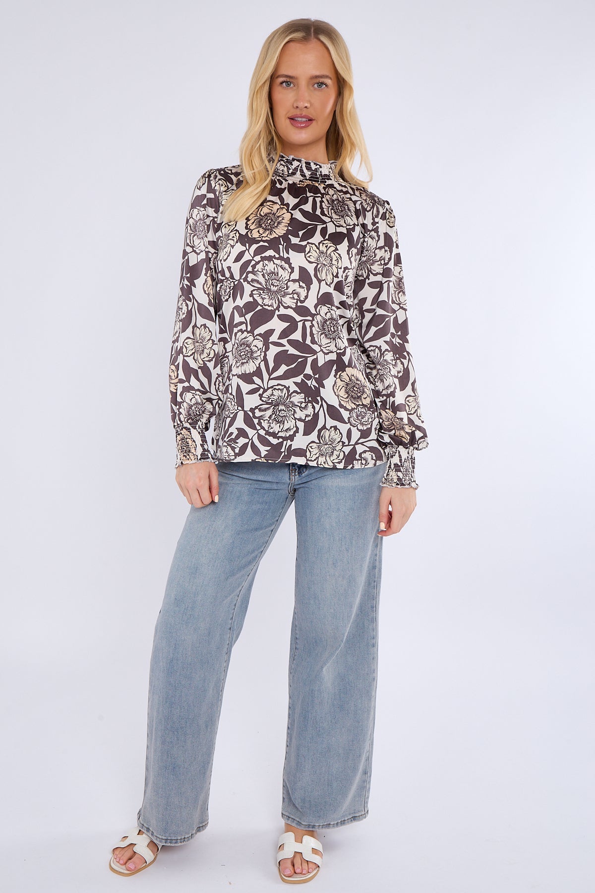 Mocha Floral Print Shirred Neck Satin Top
