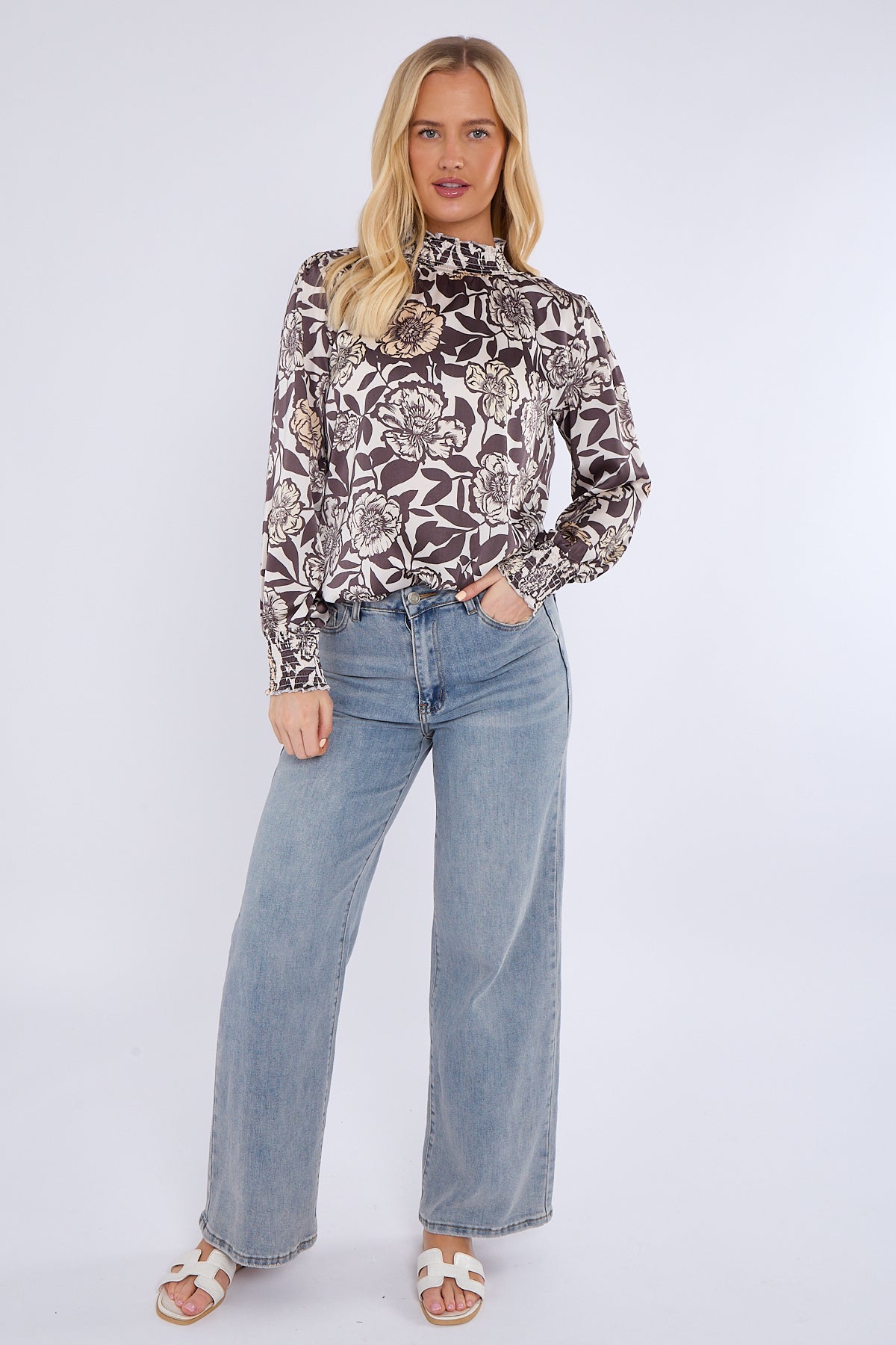Mocha Floral Print Shirred Neck Satin Top