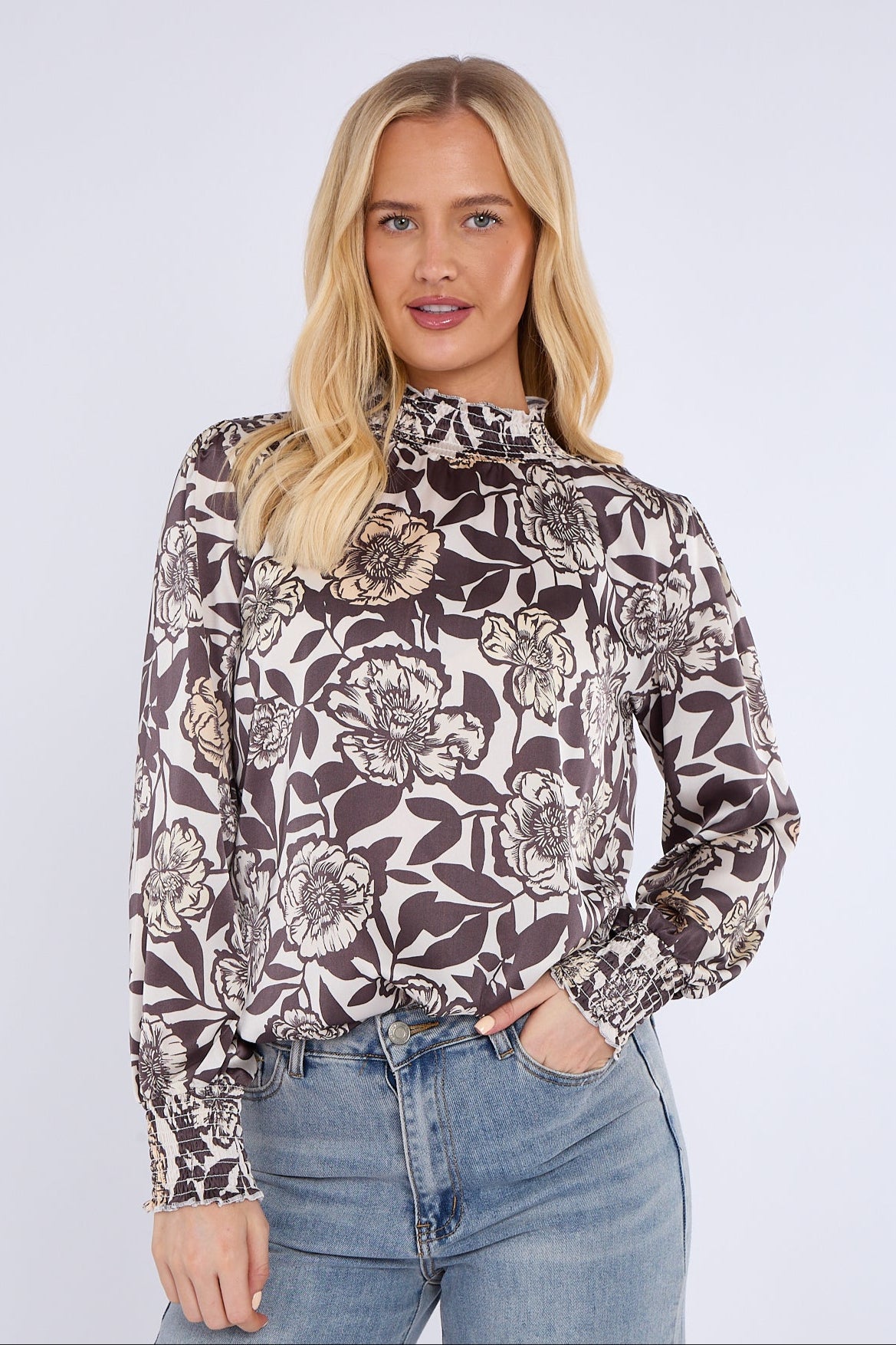 Mocha Floral Print Shirred Neck Satin Top