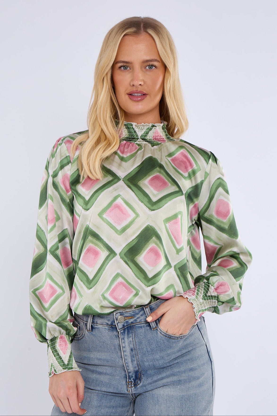 Green Mosaic Print Shirred Neck Satin Top