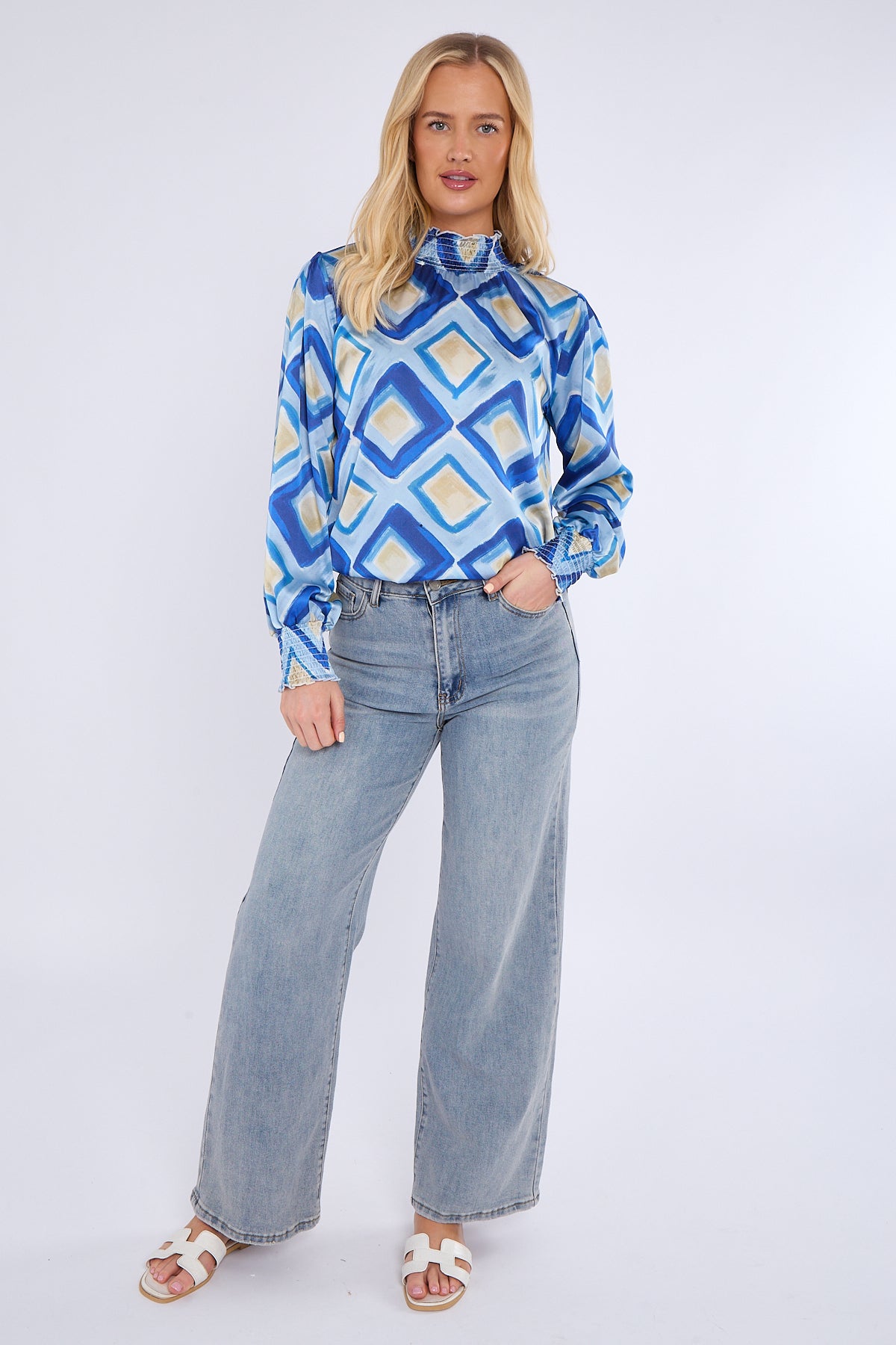 Blue Mosaic Print Shirred Neck Satin Top