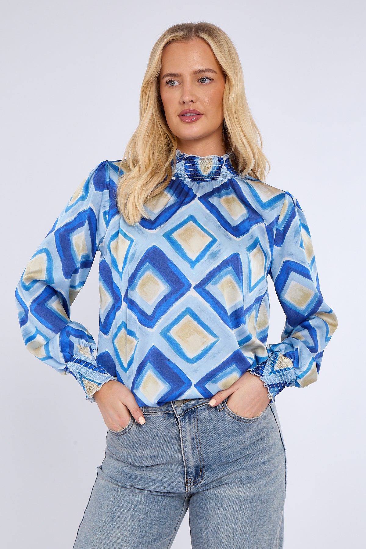 Blue Mosaic Print Shirred Neck Satin Top