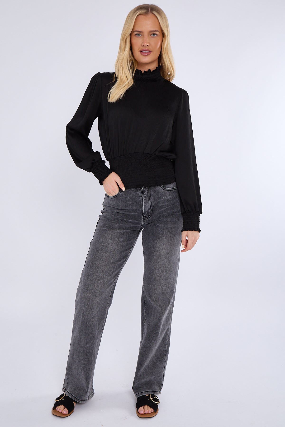 Black Creased Satin Shirred Waist Cropped Top