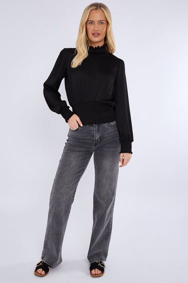 Black Creased Satin Shirred Waist Cropped Top