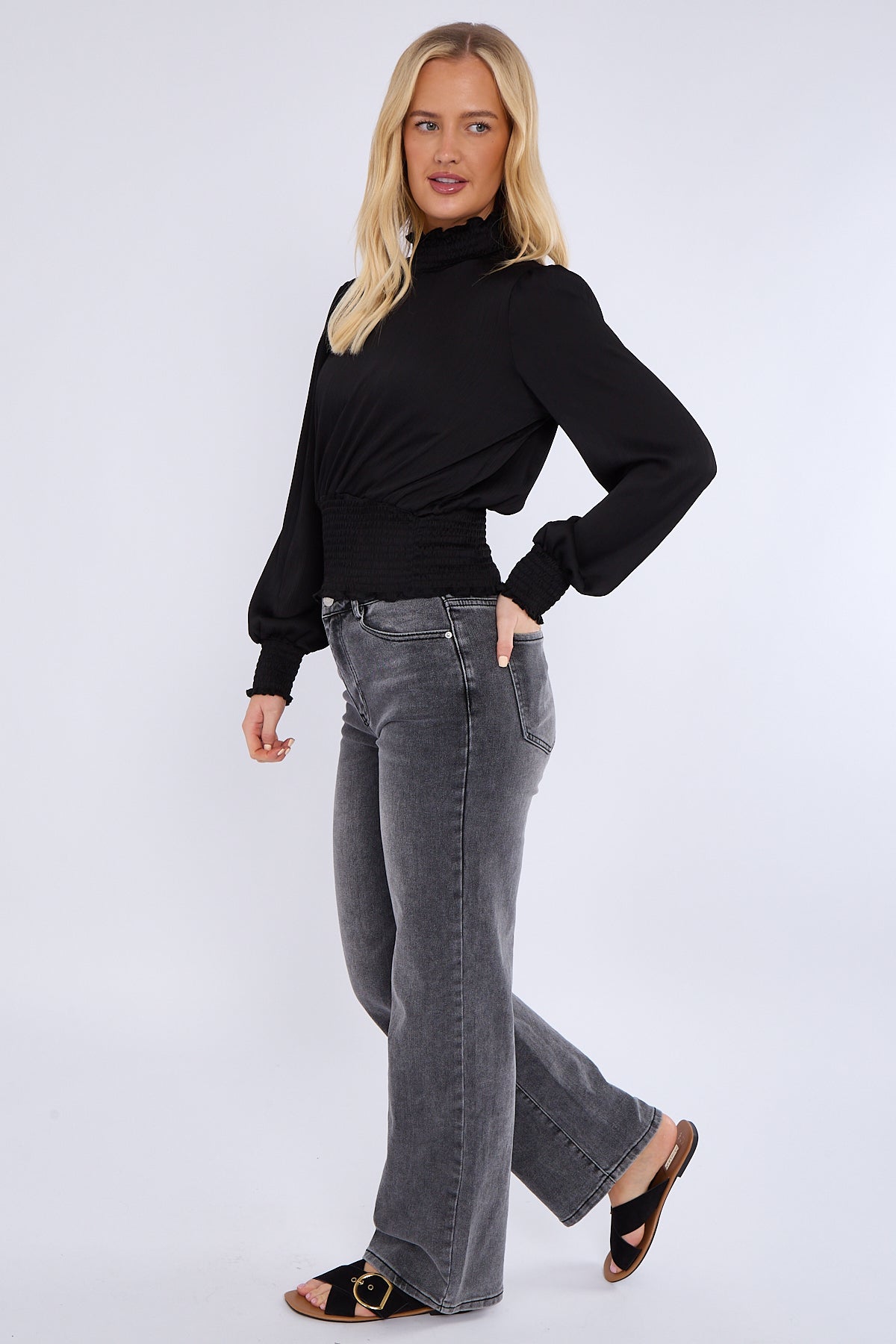 Black Creased Satin Shirred Waist Cropped Top