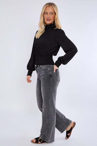 Black Creased Satin Shirred Waist Cropped Top