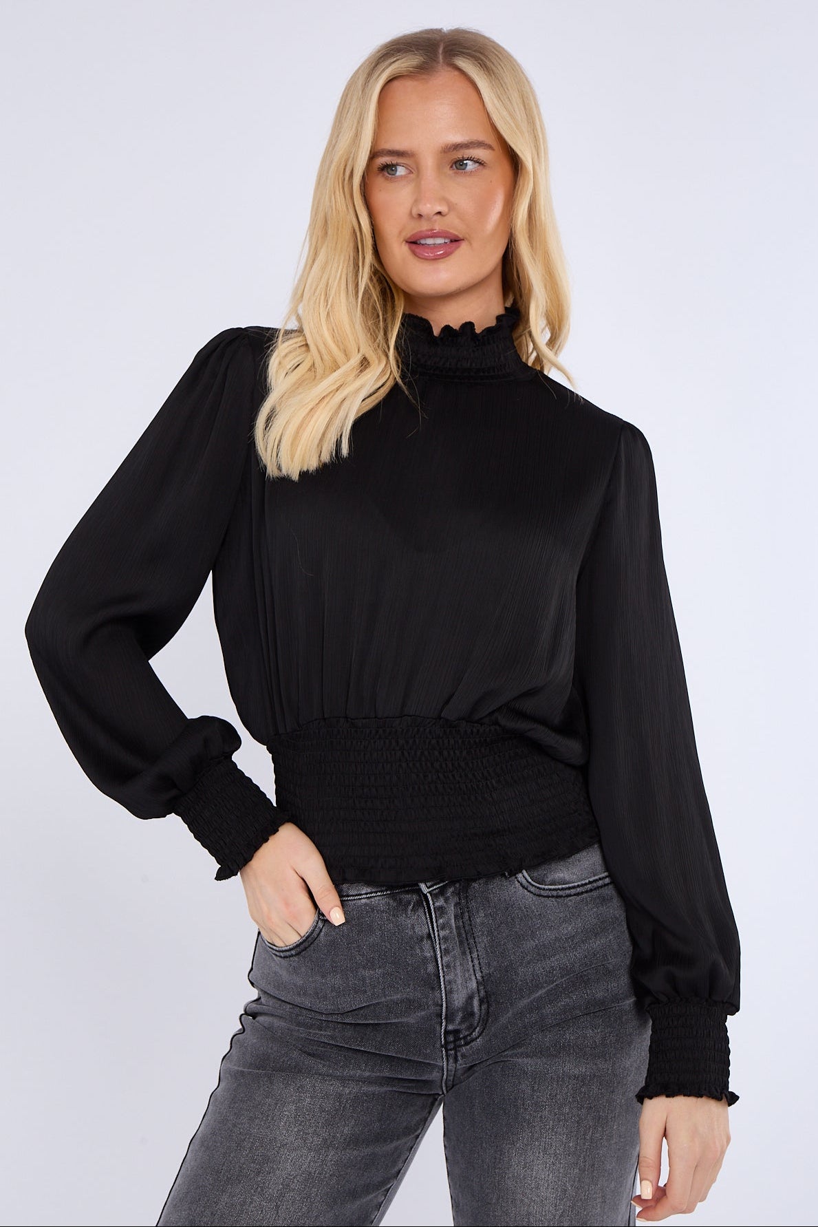 Black Creased Satin Shirred Waist Cropped Top