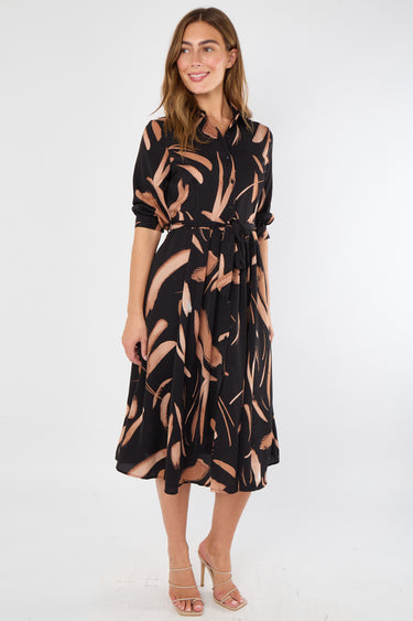 Black and Copper Painterly Print Midi Shirt Dress