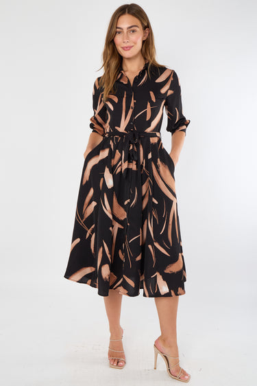 Black and Copper Painterly Print Midi Shirt Dress