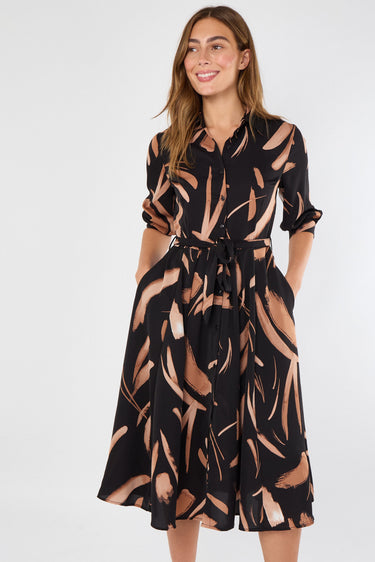 Black and Copper Painterly Print Midi Shirt Dress