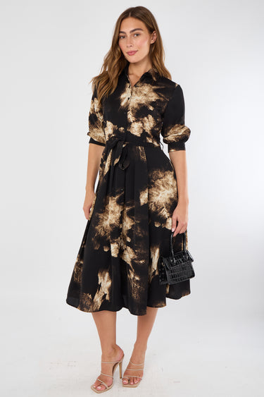 Black and Caramel Tie-Dye Effect Midi Shirt Dress