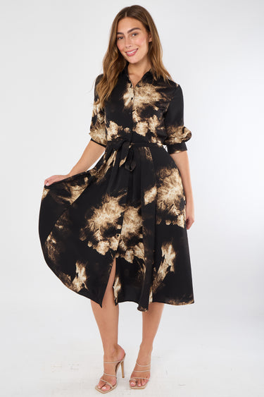 Black and Caramel Tie-Dye Effect Midi Shirt Dress