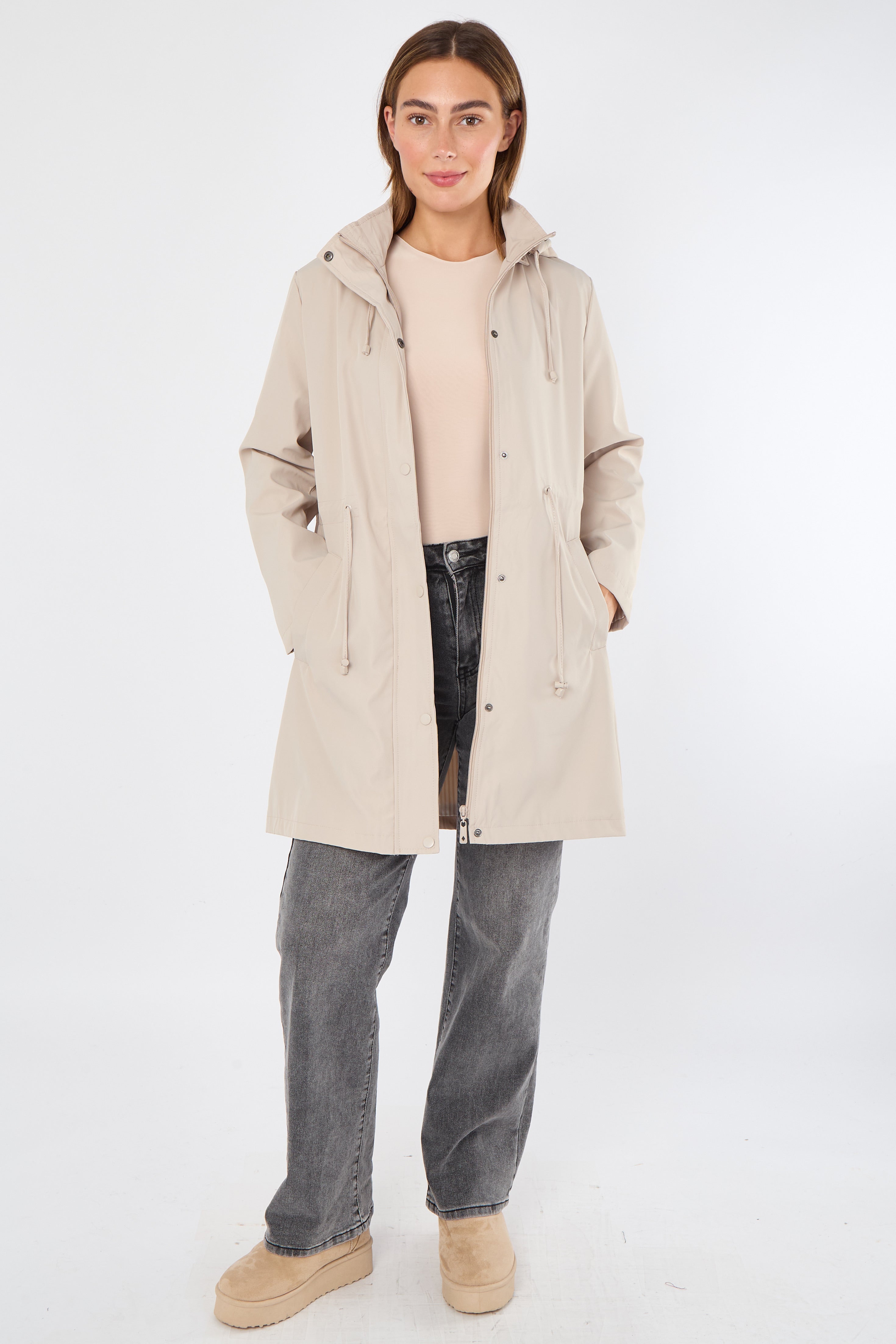 Beige Hooded Drawstring Parka
