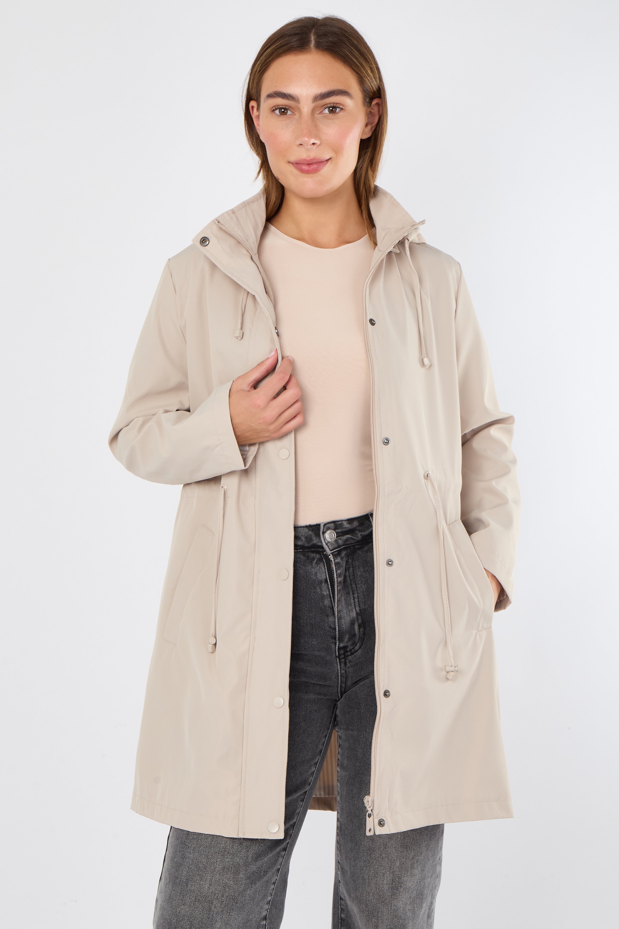 Beige Hooded Drawstring Parka