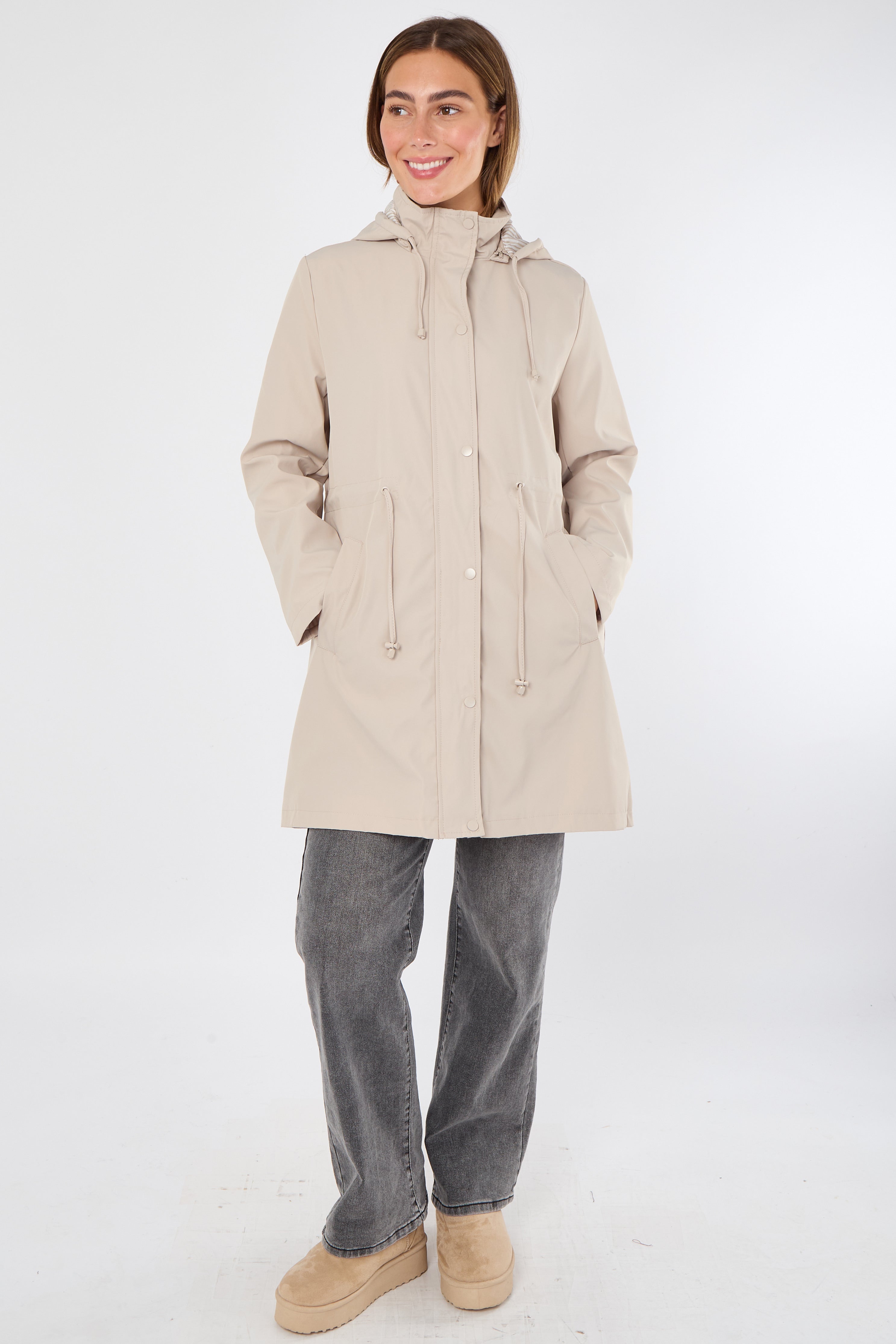 Beige Hooded Drawstring Parka