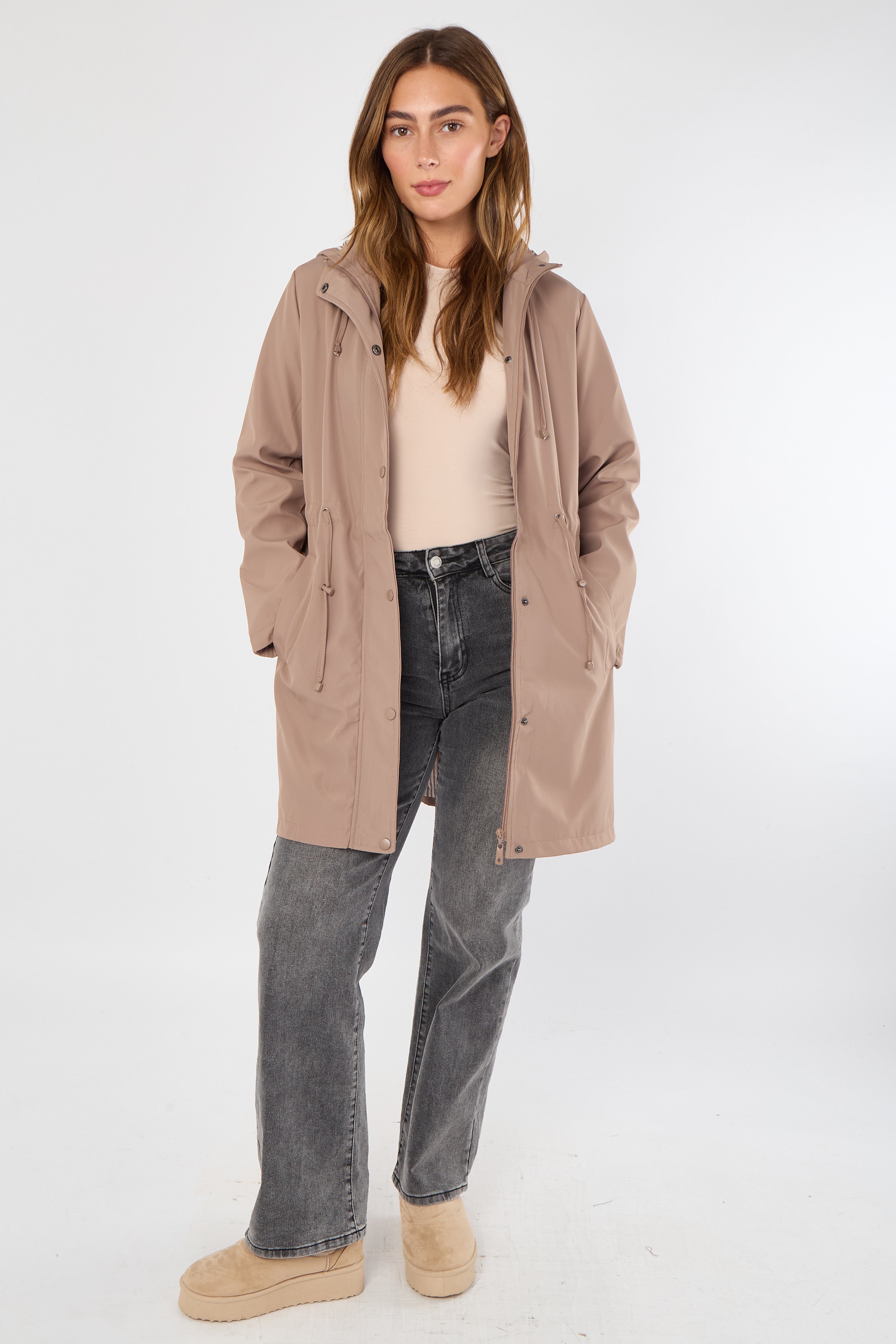 Taupe Hooded Drawstring Parka