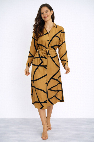 Mustard Abstract Line Print Belted Shirt Dress