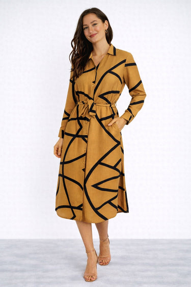 Mustard Abstract Line Print Belted Shirt Dress
