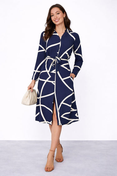 Navy Abstract Line Print Belted Shirt Dress