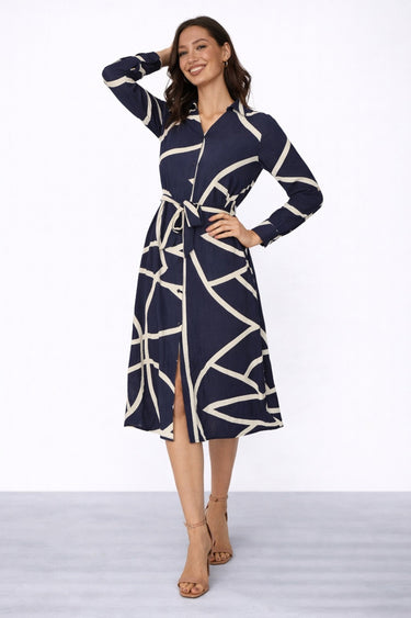 Navy Abstract Line Print Belted Shirt Dress