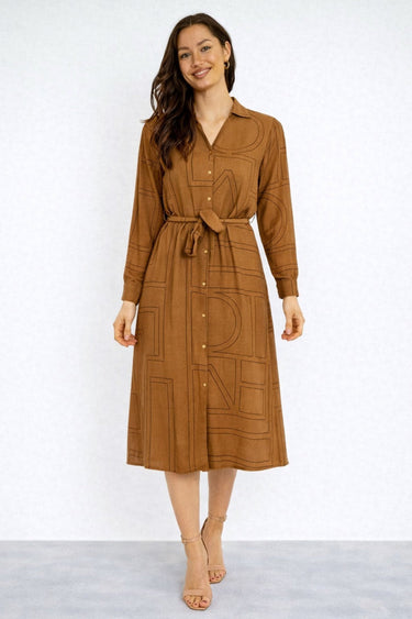 Tan Modern Line Print Belted Shirt Dress