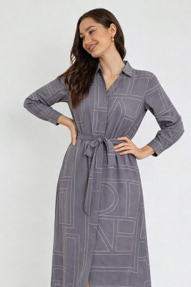 Grey Modern Line Print Belted Shirt Dress