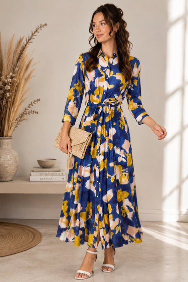 Love Sunshine Navy Abstract Print Tie Waist Maxi Shirt Dress Belted Dress Day to Night Long Sleeve Maxi Dress NEW IN Occasionwear Shirt Dress