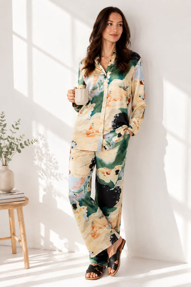 Love Sunshine Green Abstract Print Satin Shirt and Trouser Set Co ord sets LS-5002 LS-5002&9057 LS-9057